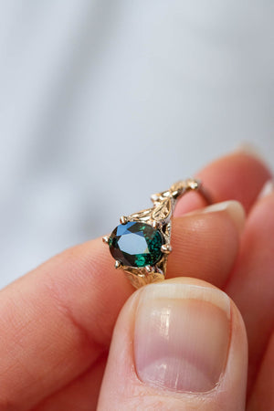 Dark teal sapphire engagement ring, oval cut gemstone gold leaf ring / Freesia - Eden Garden Jewelry™