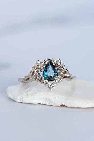 White gold engagement ring with teal sapphire, elvish bridal ring with diamonds / Lida small - Eden Garden Jewelry™