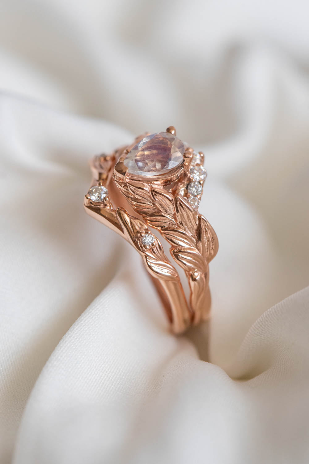 Blue moonstone engagement ring, rose gold leaves proposal ring with diamonds / Palmira Crown - Eden Garden Jewelry™