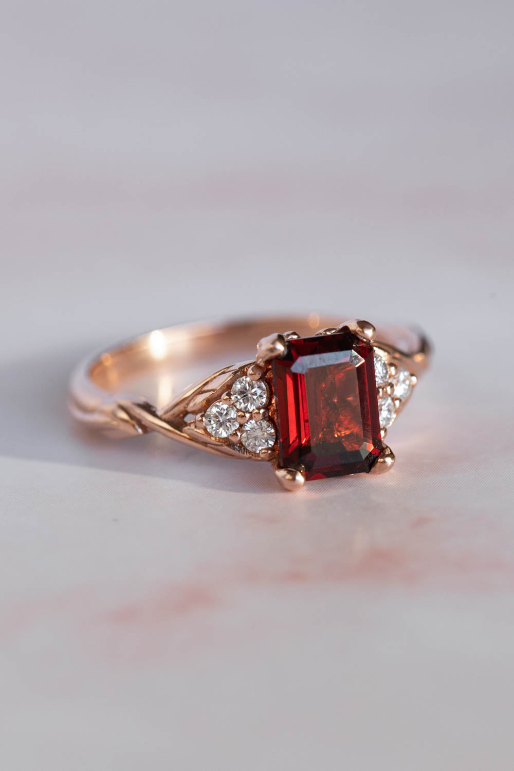 Natural garnet and diamonds engagement ring, emerald cut gemstone rose gold ring / Gloria - Eden Garden Jewelry™