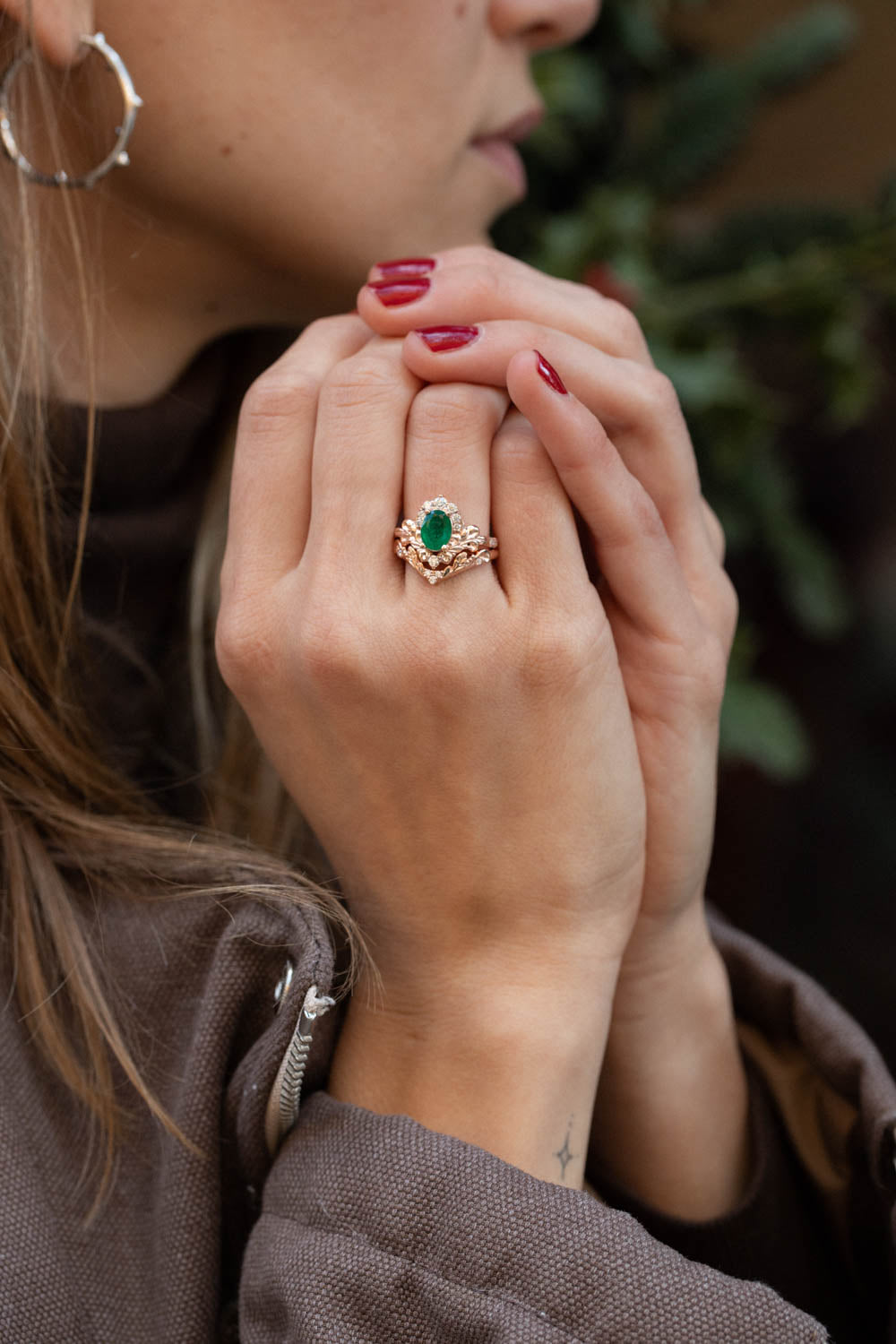 Natural emerald and diamonds bridal ring set, baroque inspired rose gold engagement ring set / Sophie - Eden Garden Jewelry™