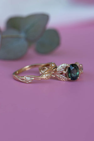 Dark teal sapphire bridal ring set, nature inspired gold engagement ring set / Cornus - Eden Garden Jewelry™