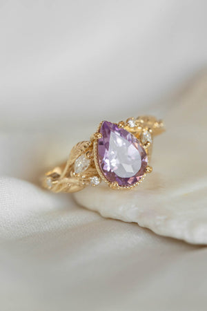 Lavender amethyst nature themed engagement ring, big pear cut gemstone gold ring with diamonds / Patricia - Eden Garden Jewelry™