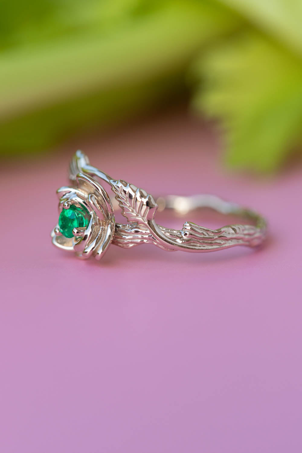 Emerald rose shaped engagement ring, white gold flower proposal ring / Blooming Rose - Eden Garden Jewelry™