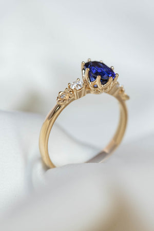 Royal blue sapphire engagement ring, flower promise ring with lab sapphire and diamonds / Fiorella - Eden Garden Jewelry™