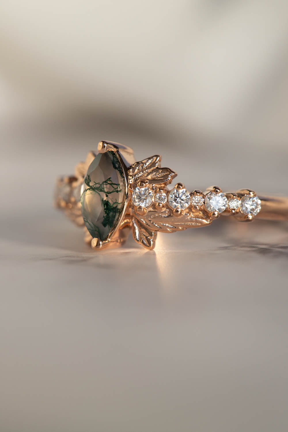 Marquise cut moss agate engagement ring, nature inspired gold leaf ring / Verbena - Eden Garden Jewelry™