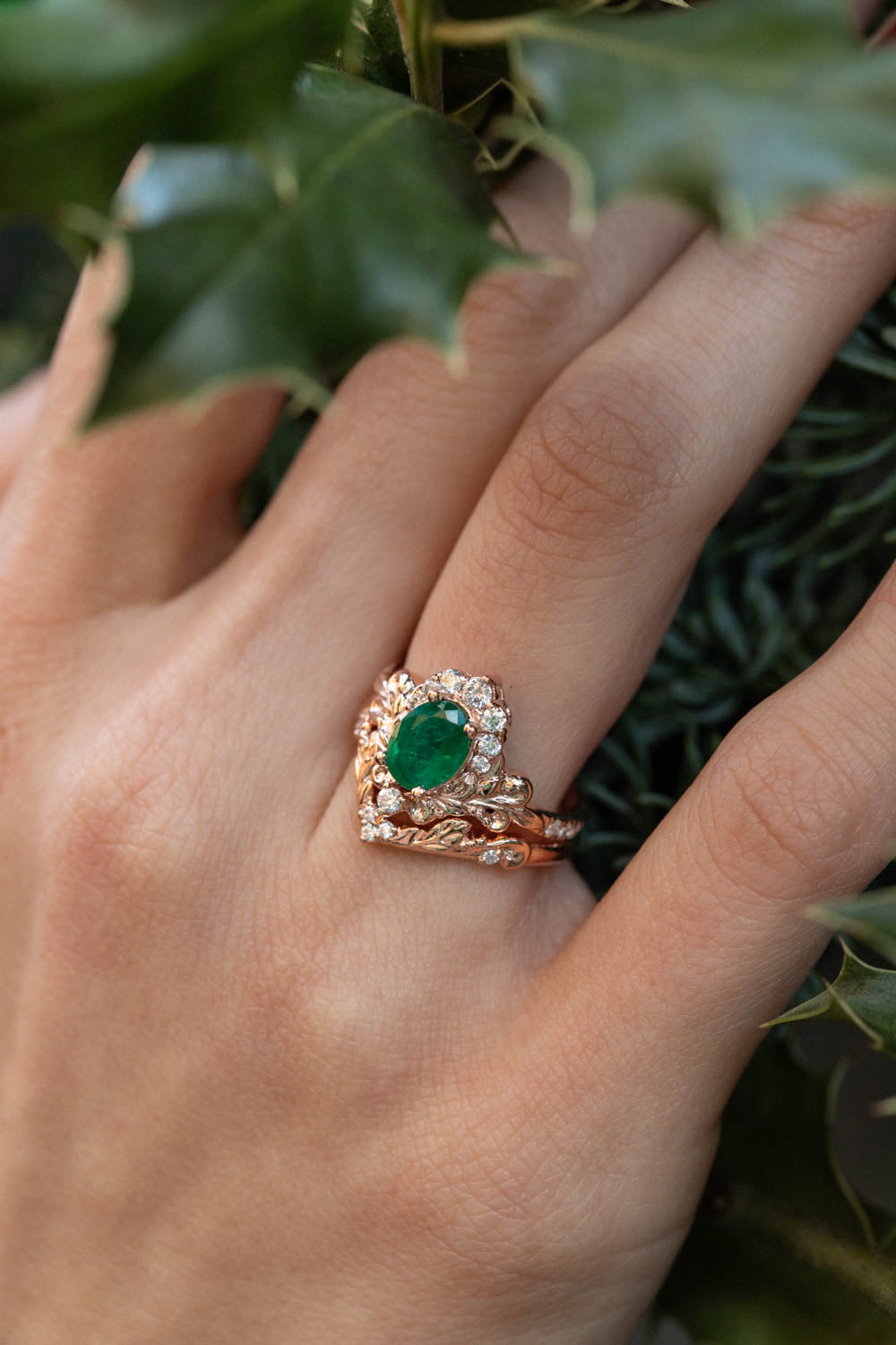 Rose gold engagement ring with emerald, crown shape gold ring with diamonds / Sophie - Eden Garden Jewelry™