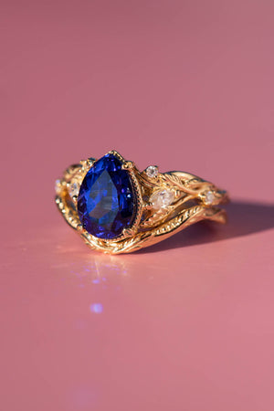 Dark blue lab sapphire engagement ring set, big pear gemstone bridal ring set / Patricia - Eden Garden Jewelry™