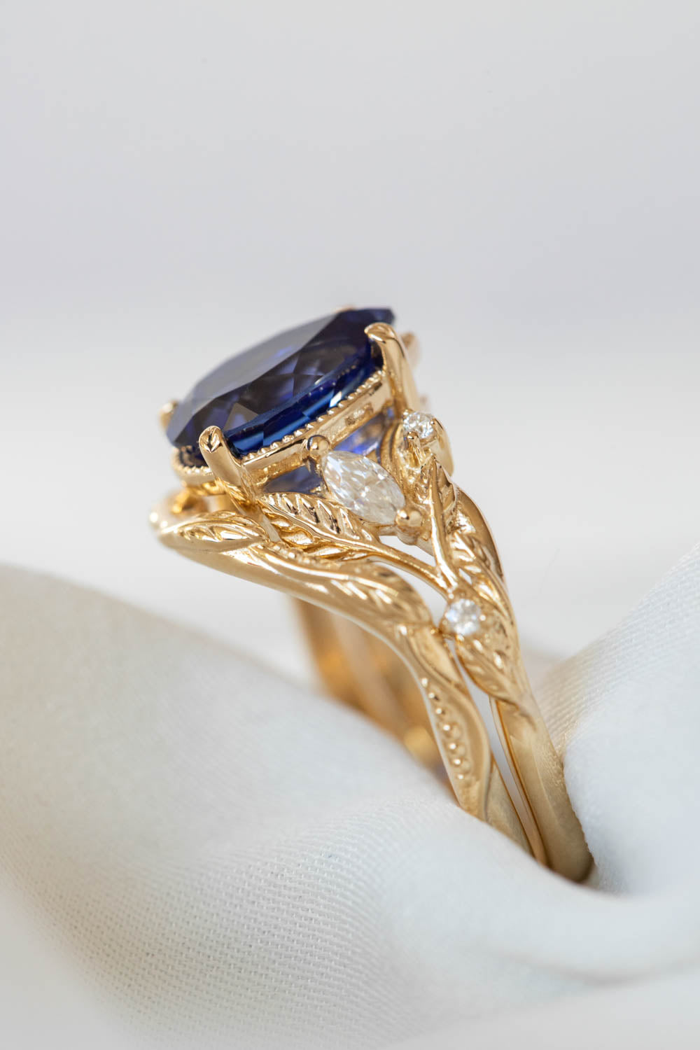 READY TO SHIP: Patricia set in 14K yellow gold, lab created pear cut blue sapphire 10x7 mm, moissanites, RING SIZE 7 US - Eden Garden Jewelry™