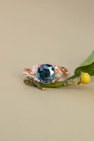 Cushion teal sapphire twig engagement ring, rose gold ring with leaves and diamonds / Patricia - Eden Garden Jewelry™