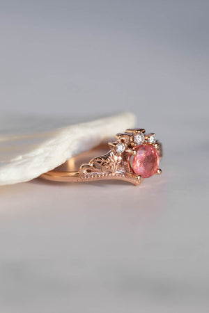 Padparadscha sapphire engagement ring, gold leaves and diamonds proposal ring / Ariadne - Eden Garden Jewelry™