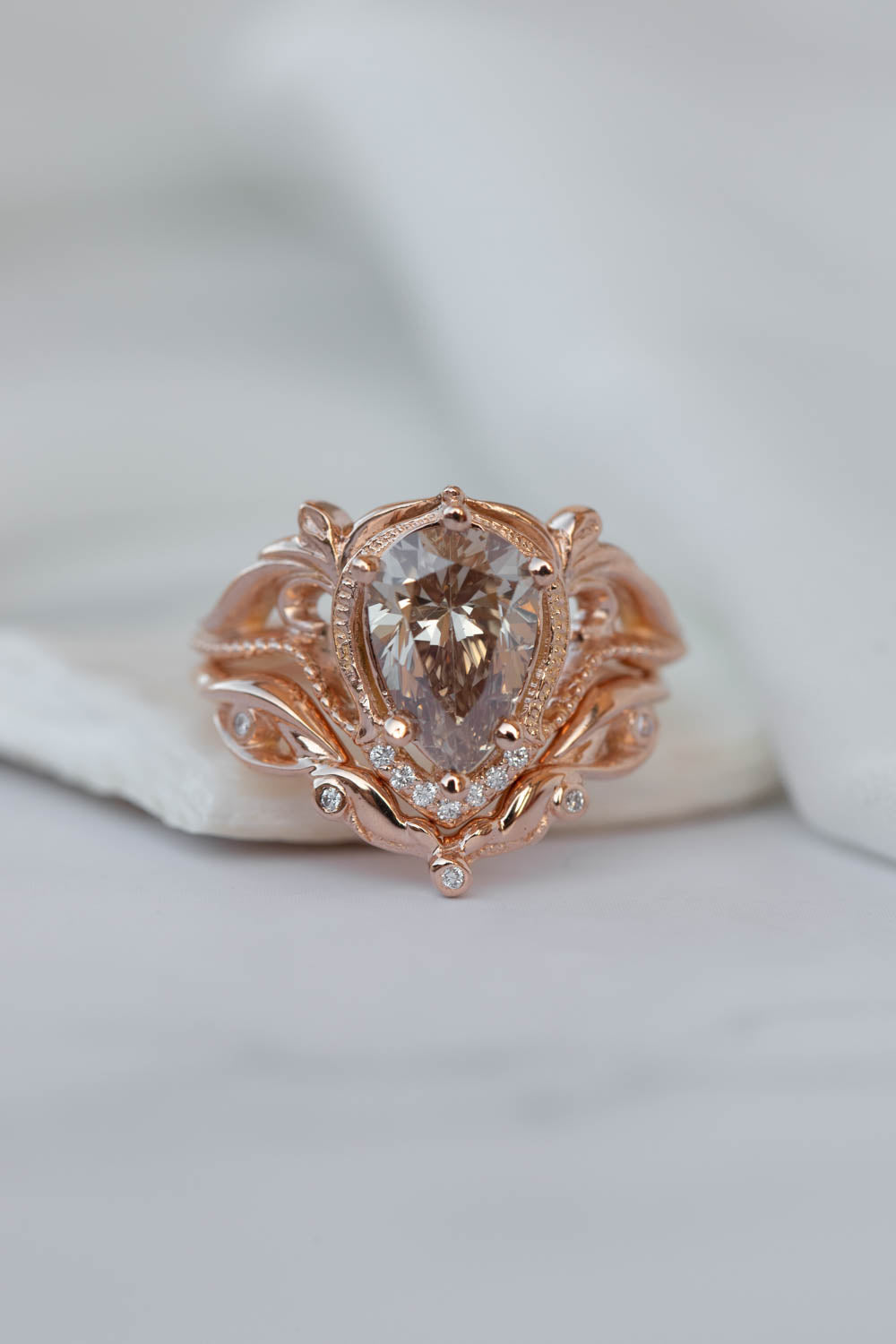 Champagne diamond rose gold engagement ring set, vintage inspired bridal ring set with diamonds / Lida - Eden Garden Jewelry™