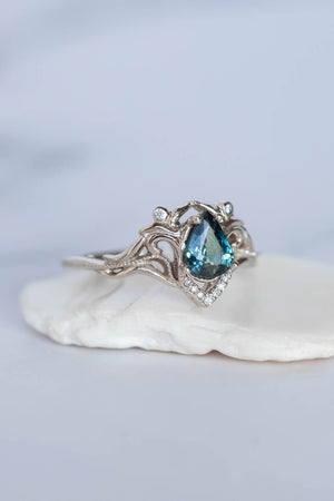 White gold engagement ring with teal sapphire, elvish bridal ring with diamonds / Lida small - Eden Garden Jewelry™