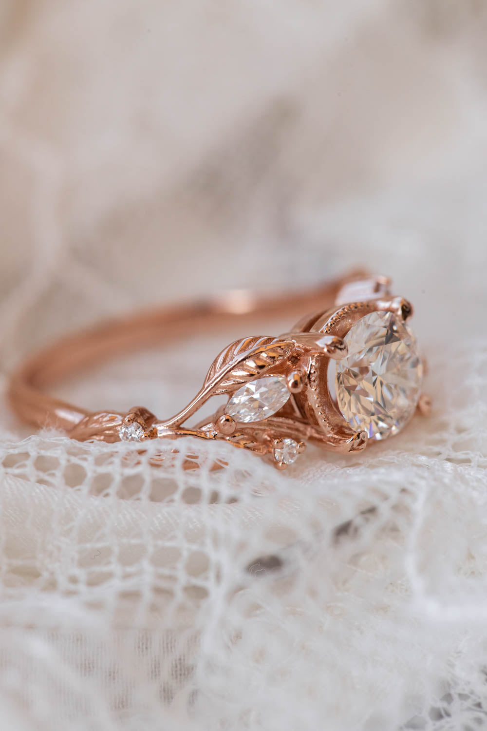 Lab grown diamond engagement ring, rose gold ring with leaves and diamonds / Patricia - Eden Garden Jewelry™