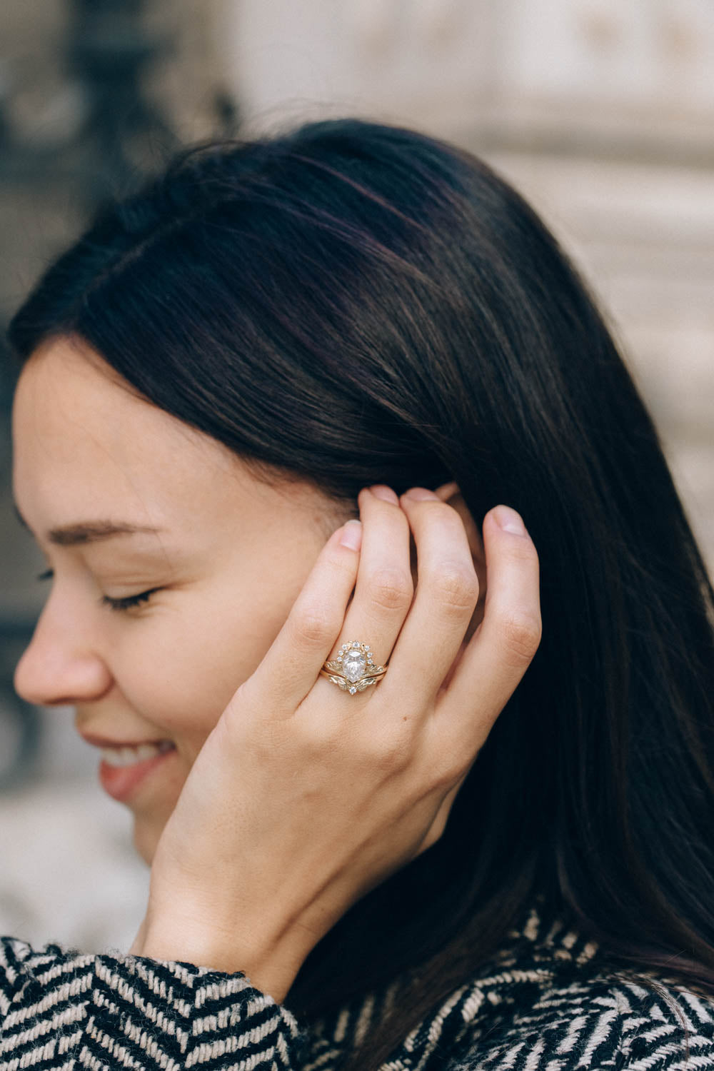 2 carat lab grown diamond bridal ring set, big pear cut ring with diamond crown / Ariadne - Eden Garden Jewelry™