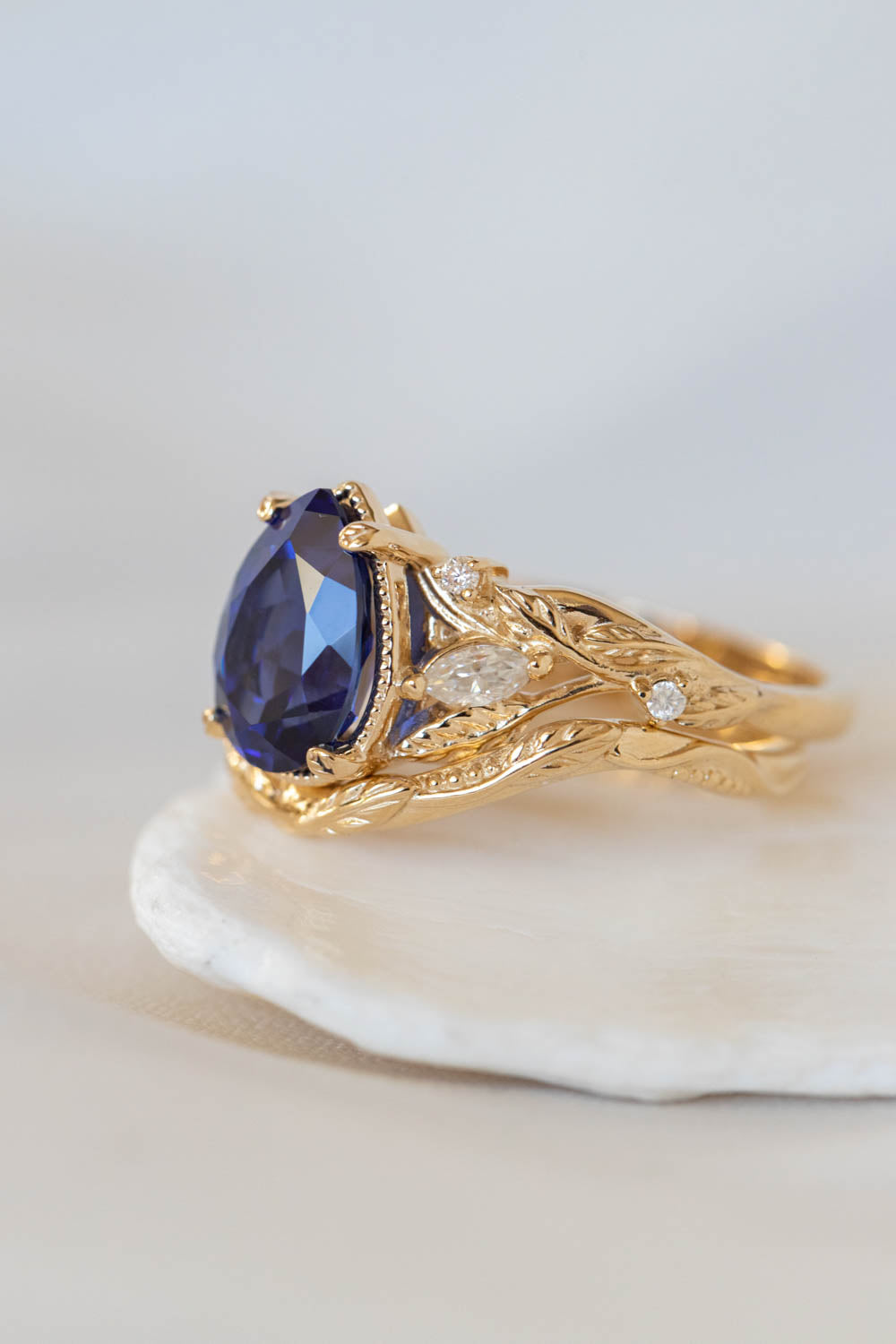 READY TO SHIP: Patricia set in 14K yellow gold, lab created pear cut blue sapphire 10x7 mm, moissanites, RING SIZE 7 US - Eden Garden Jewelry™