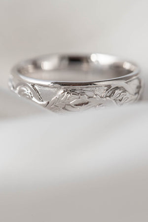 White gold leaf wedding band for man, japanese maple leaves ring - Eden Garden Jewelry™