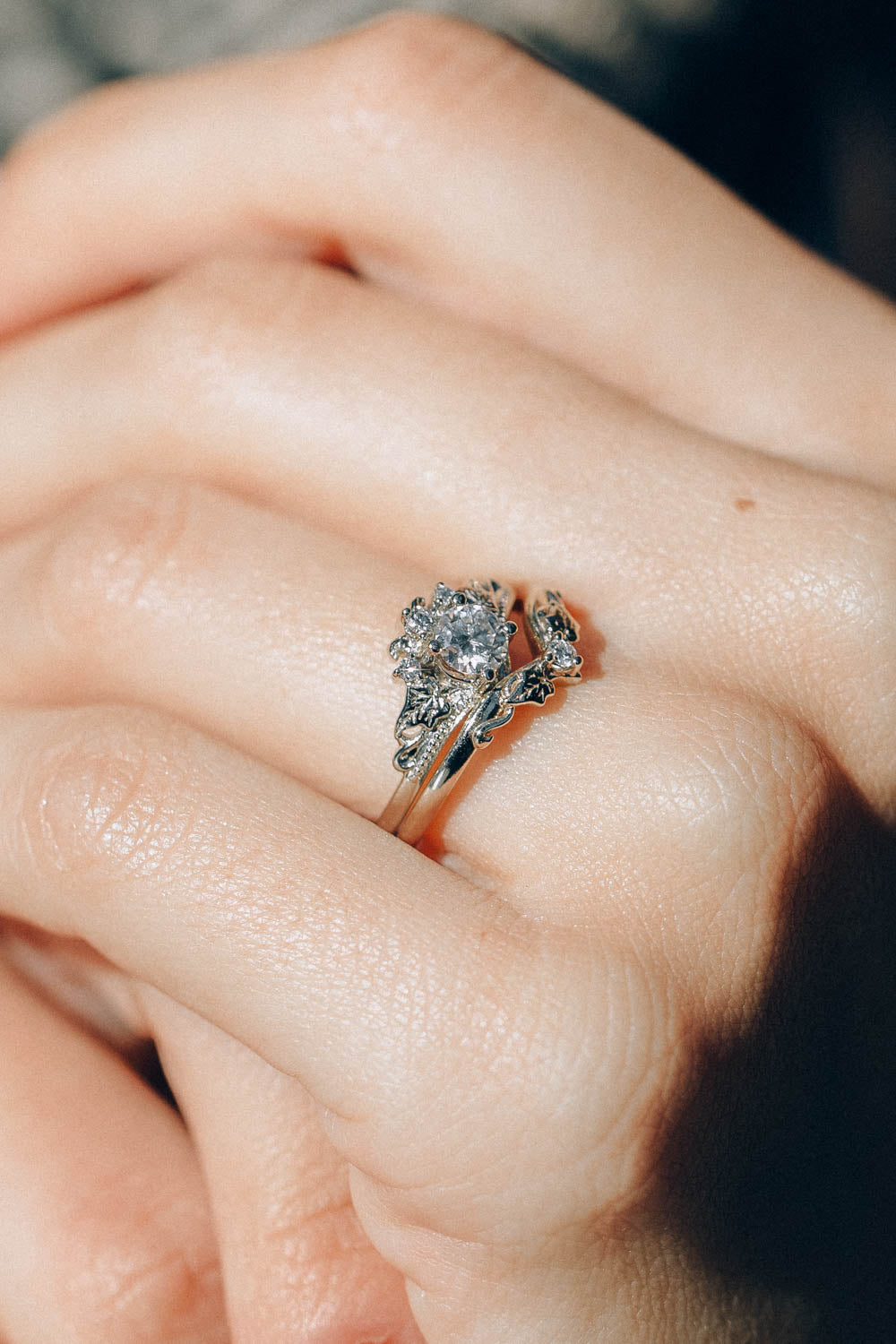 Lab grown diamond white gold engagement ring with tiny ivy leaves / Ariadne - Eden Garden Jewelry™