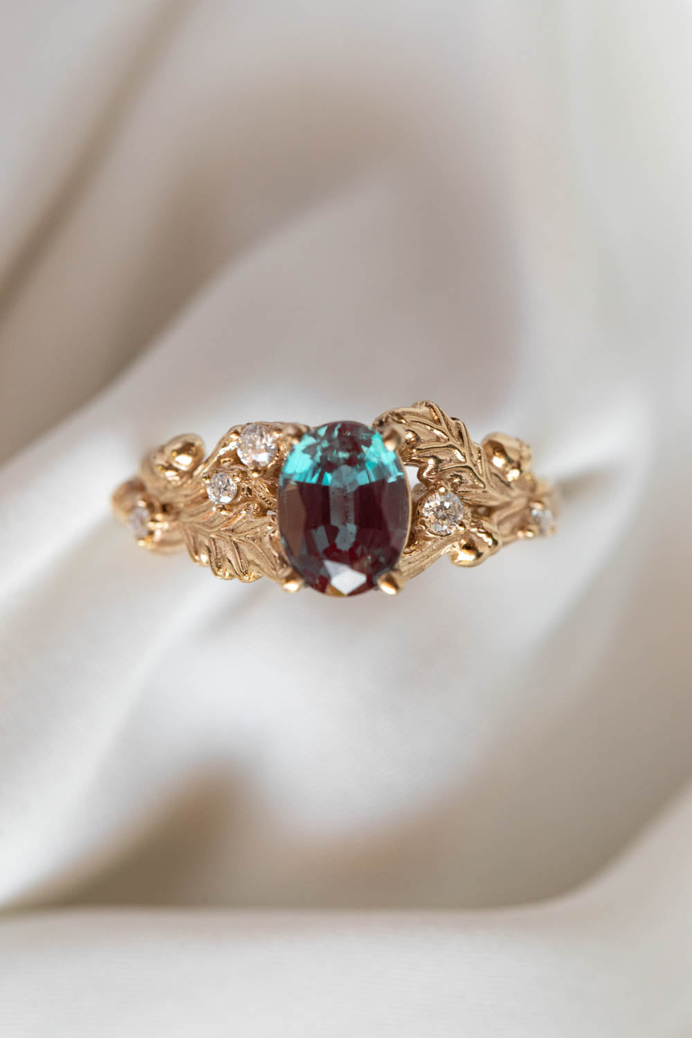 Alexandrite and diamonds oak engagement ring, colour changing gemstone gold ring / Silviya - Eden Garden Jewelry™