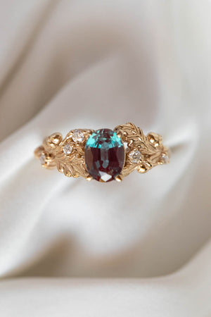 Alexandrite and diamonds oak engagement ring, colour changing gemstone gold ring / Silviya - Eden Garden Jewelry™