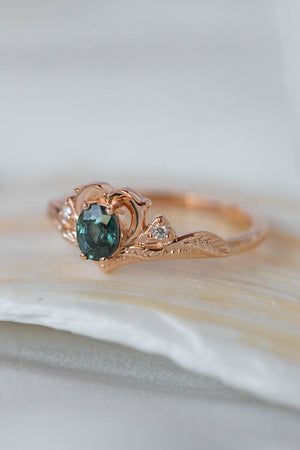 READY TO SHIP: Amura in 14K rose gold, natural oval cut teal sapphire 6.3x5.3 mm, moissanites, RING SIZE 7 US - Eden Garden Jewelry™