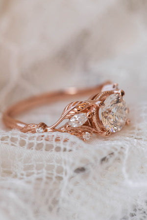 1 carat moissanite engagement ring, rose gold ring with leaves and diamonds / Patricia - Eden Garden Jewelry™