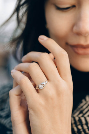 White sapphire nature inspired gold leaf engagement ring / Wisteria - Eden Garden Jewelry™