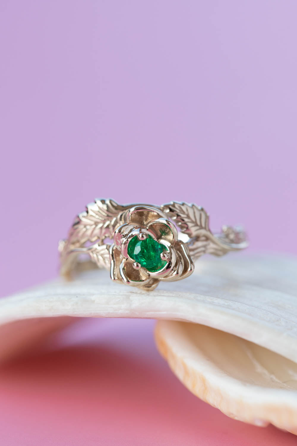 Emerald rose shaped engagement ring, white gold flower proposal ring / Blooming Rose - Eden Garden Jewelry™