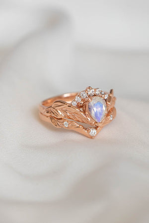 Pear moonstone engagement ring set, diamond crown gold leaves bridal ring set / Palmira Crown - Eden Garden Jewelry™