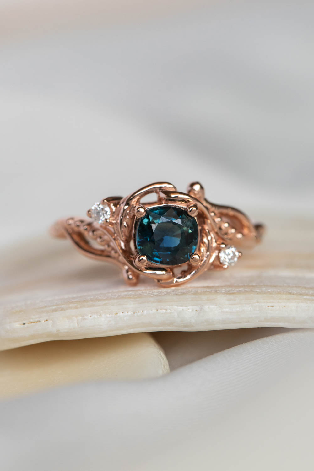 Teal sapphire cushion cut engagement ring, rose gold ring with diamonds / Undina - Eden Garden Jewelry™