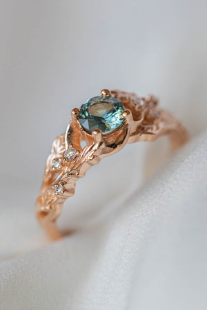 Genuine teal sapphire engagement ring, leaf and diamonds promise ring / Japanese Maple - Eden Garden Jewelry™