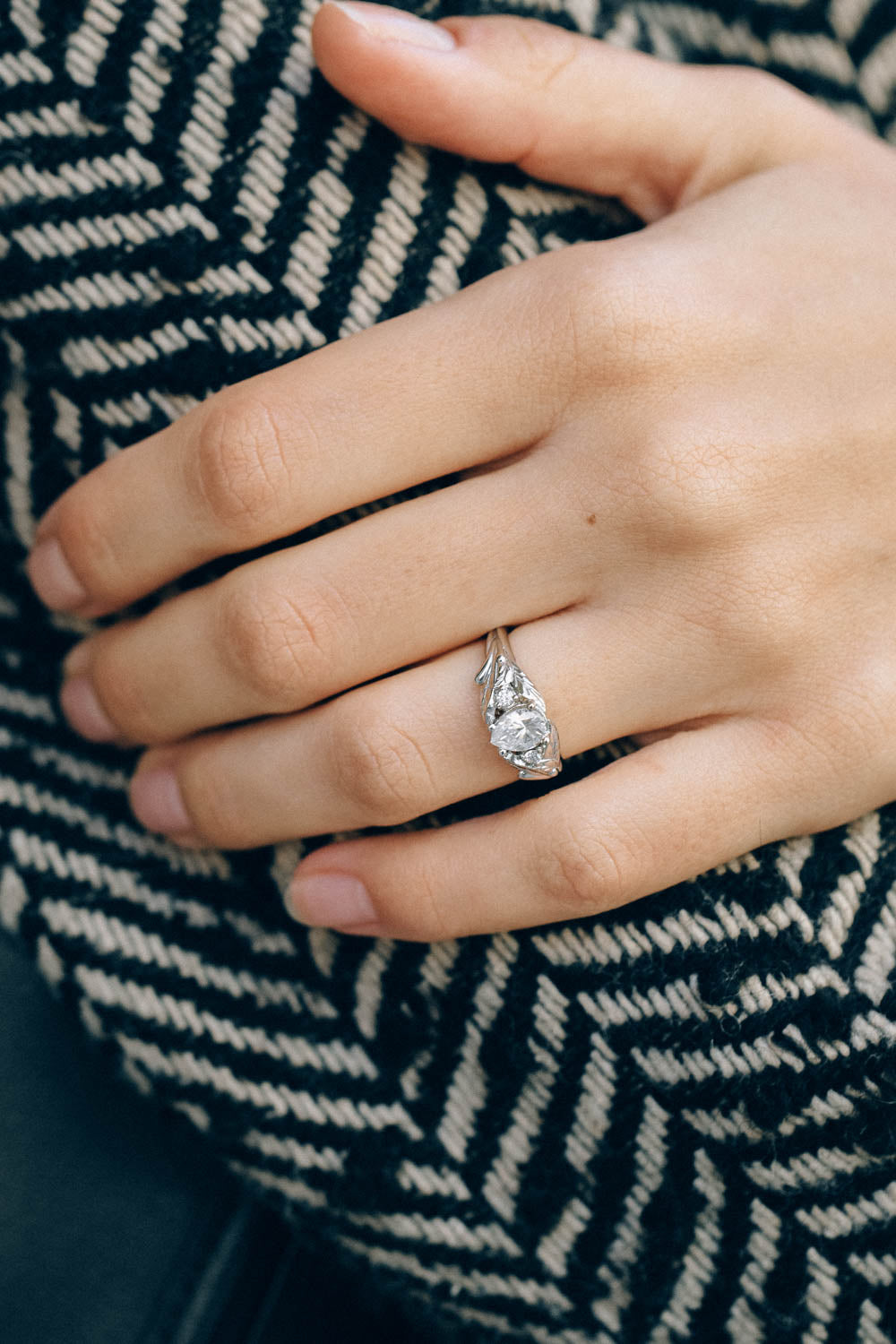 White gold leaf engagement ring with pear cut lab grown diamond and accent diamonds / Wisteria - Eden Garden Jewelry™