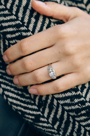 White gold leaf engagement ring with pear cut lab grown diamond and accent diamonds / Wisteria - Eden Garden Jewelry™