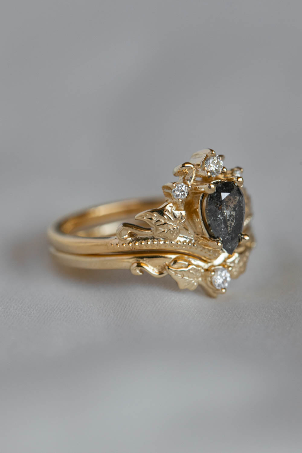 Tiara shape engagement ring with natural salt and pepper diamond / Ariadne - Eden Garden Jewelry™