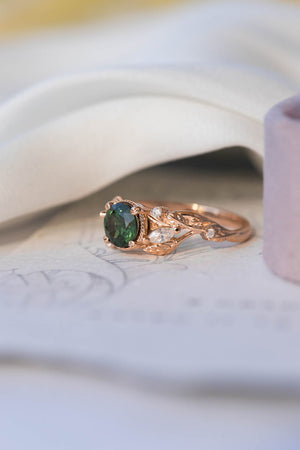 Natural green sapphire engagement ring, rose gold proposal ring with leaves and diamonds / Patricia - Eden Garden Jewelry™