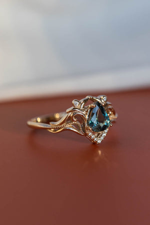 White gold engagement ring with teal sapphire, elvish bridal ring with diamonds / Lida small - Eden Garden Jewelry™