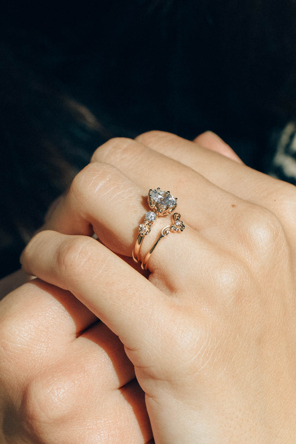 Oval lab grown diamond bridal ring set, floral rose gold engagement ring with diamonds  / Fiorella - Eden Garden Jewelry™