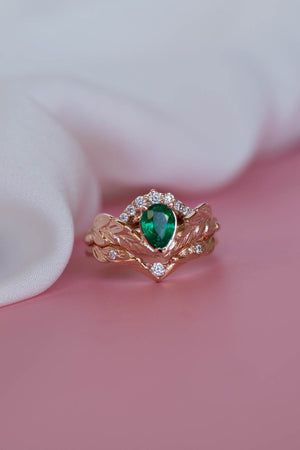 Natural emerald bridal ring set, diamond crown gold leaf engagement and wedding rings  / Palmira Crown - Eden Garden Jewelry™