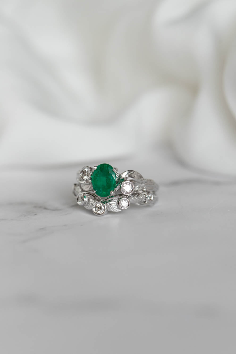 1 carat natural emerald bridal ring set, white gold engagement ring set with diamonds / Arius - Eden Garden Jewelry™