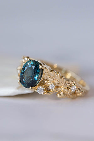 Oval sapphire engagement ring, gold oak leaves and diamonds promise ring / Silviya - Eden Garden Jewelry™