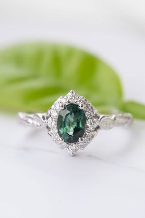 Genuine teal sapphire engagement ring, white gold engagement ring with diamond halo / Florentina - Eden Garden Jewelry™