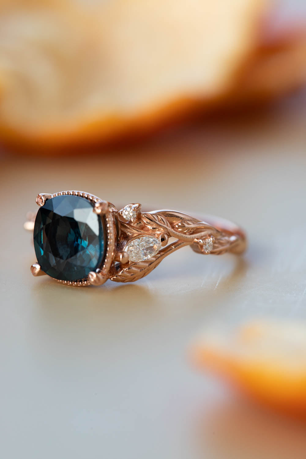 Cushion teal sapphire twig engagement ring, rose gold ring with leaves and diamonds / Patricia - Eden Garden Jewelry™