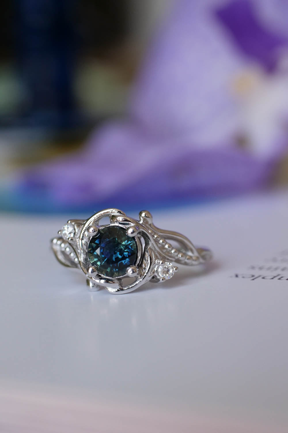 Teal Sapphire nature themed engagement ring, elvish white gold proposal ring / Undina - Eden Garden Jewelry™