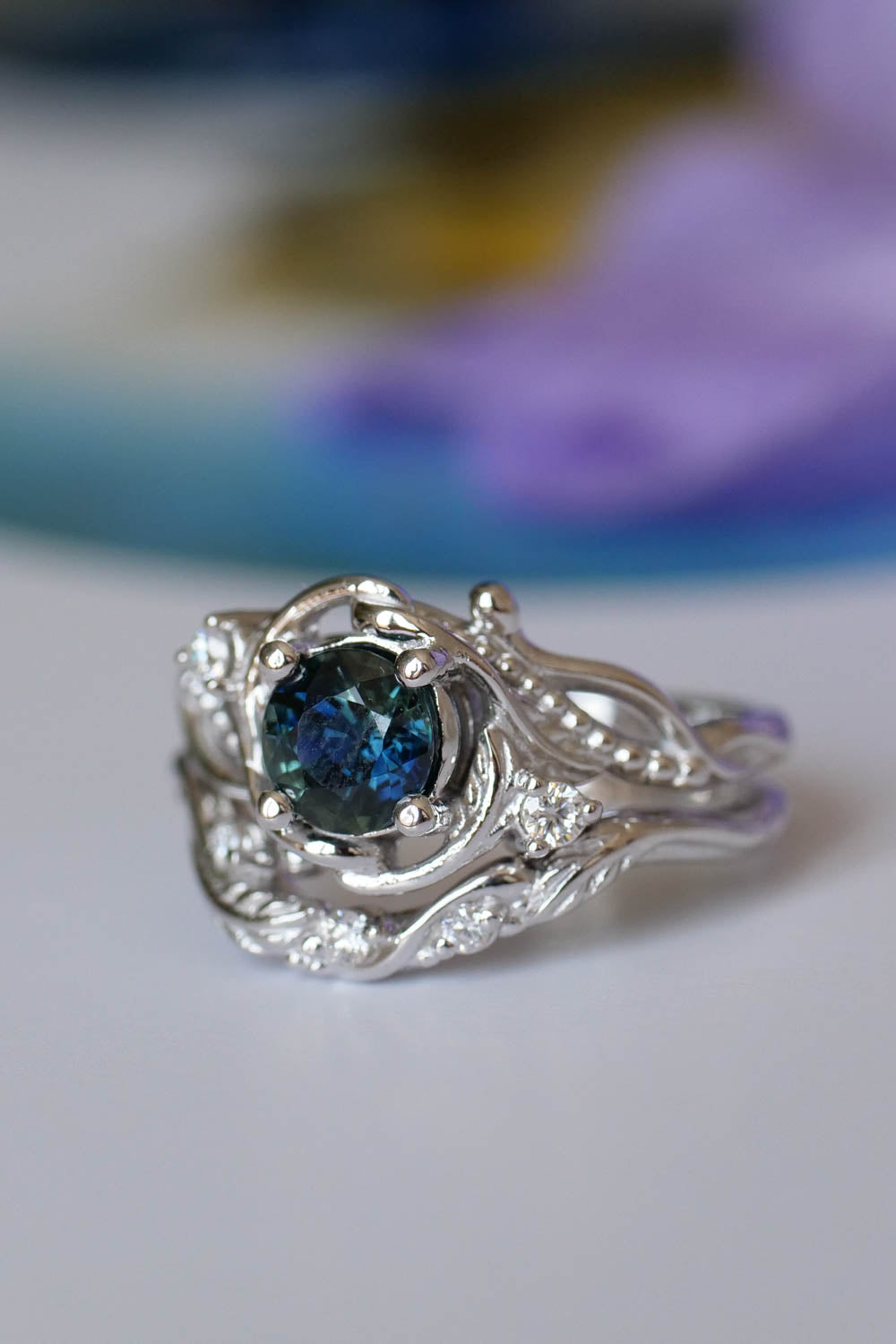 Genuine teal sapphire engagement ring set, white gold bridal ring set with sapphire and diamonds / Undina - Eden Garden Jewelry™