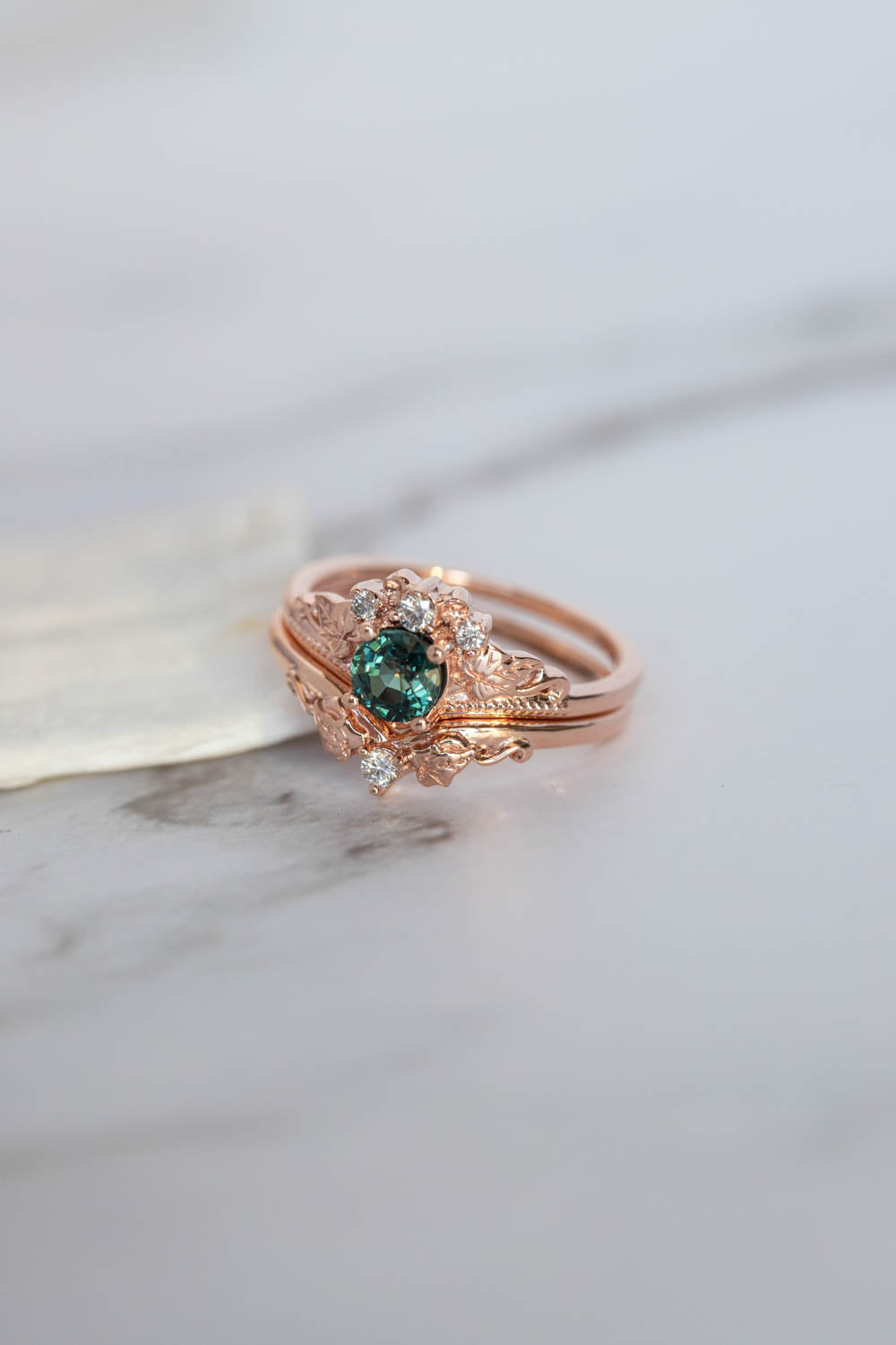 Teal sapphire bridal ring set, rose gold engagement ring with sapphire and diamonds  / Ariadne - Eden Garden Jewelry™