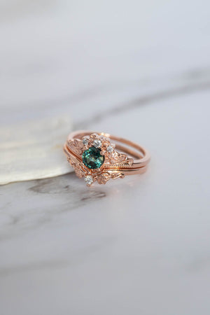 Teal sapphire bridal ring set, rose gold engagement ring with sapphire and diamonds  / Ariadne - Eden Garden Jewelry™