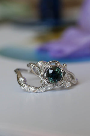 Genuine teal sapphire engagement ring set, white gold bridal ring set with sapphire and diamonds / Undina - Eden Garden Jewelry™