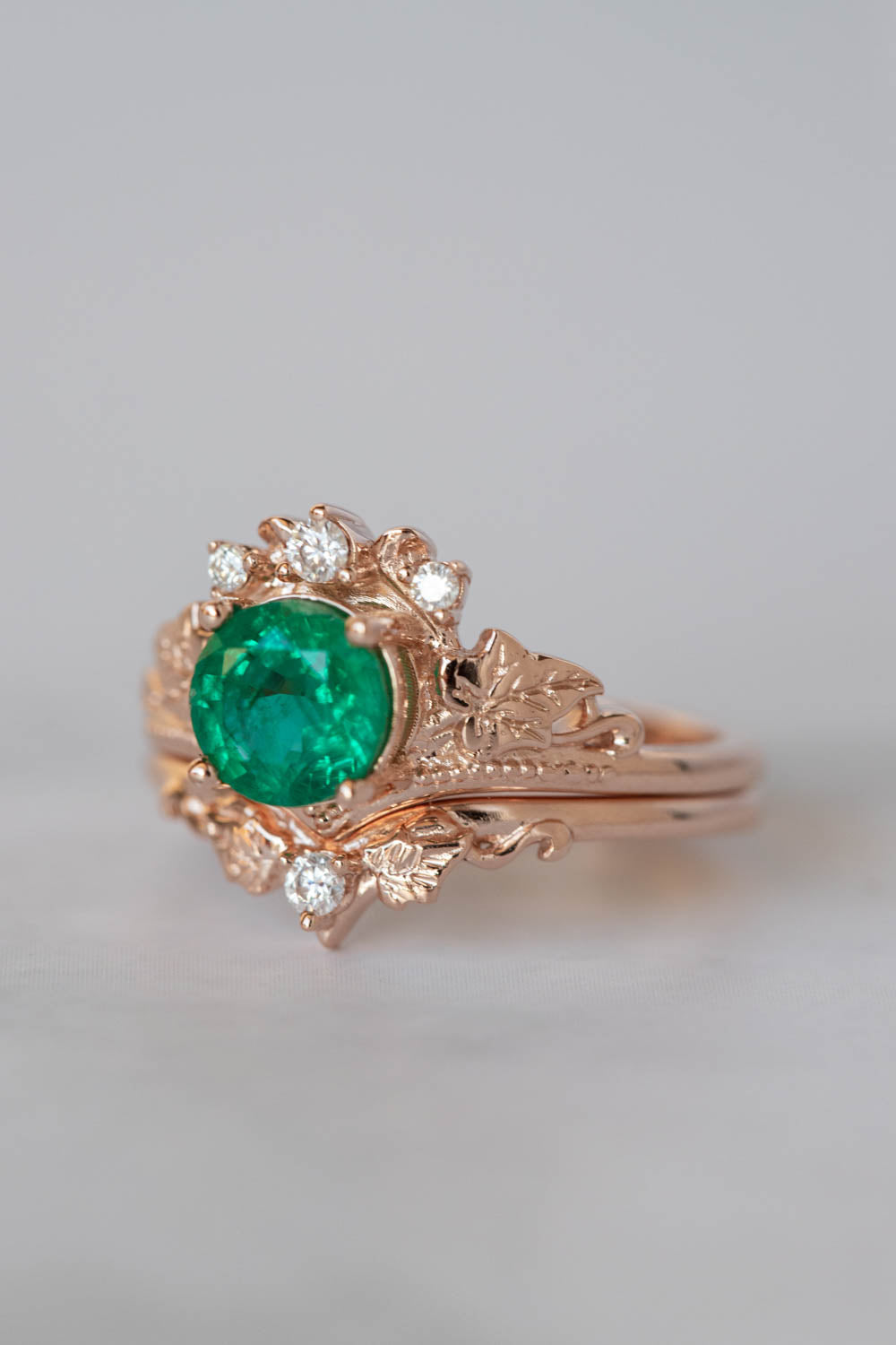 1 carat emerald engagement ring set, nature themed gold stacking rings with diamonds / Ariadne - Eden Garden Jewelry™