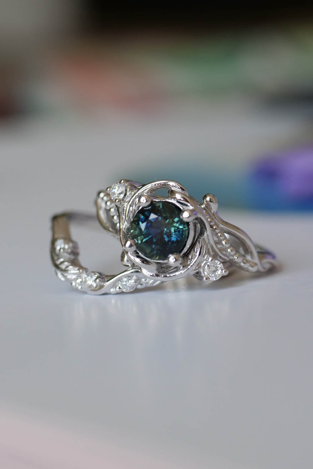 Genuine teal sapphire engagement ring set, white gold bridal ring set with sapphire and diamonds / Undina - Eden Garden Jewelry™