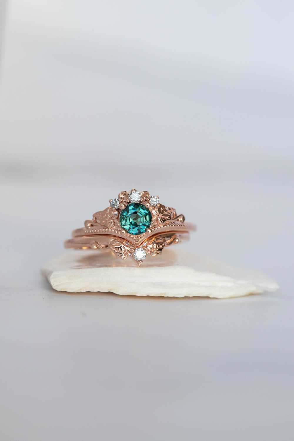 Teal sapphire bridal ring set, rose gold engagement ring with sapphire and diamonds  / Ariadne - Eden Garden Jewelry™